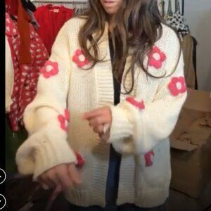New ShopEvelynne Cream Chunky Knit Cardigan with Pink Flower Appliqués